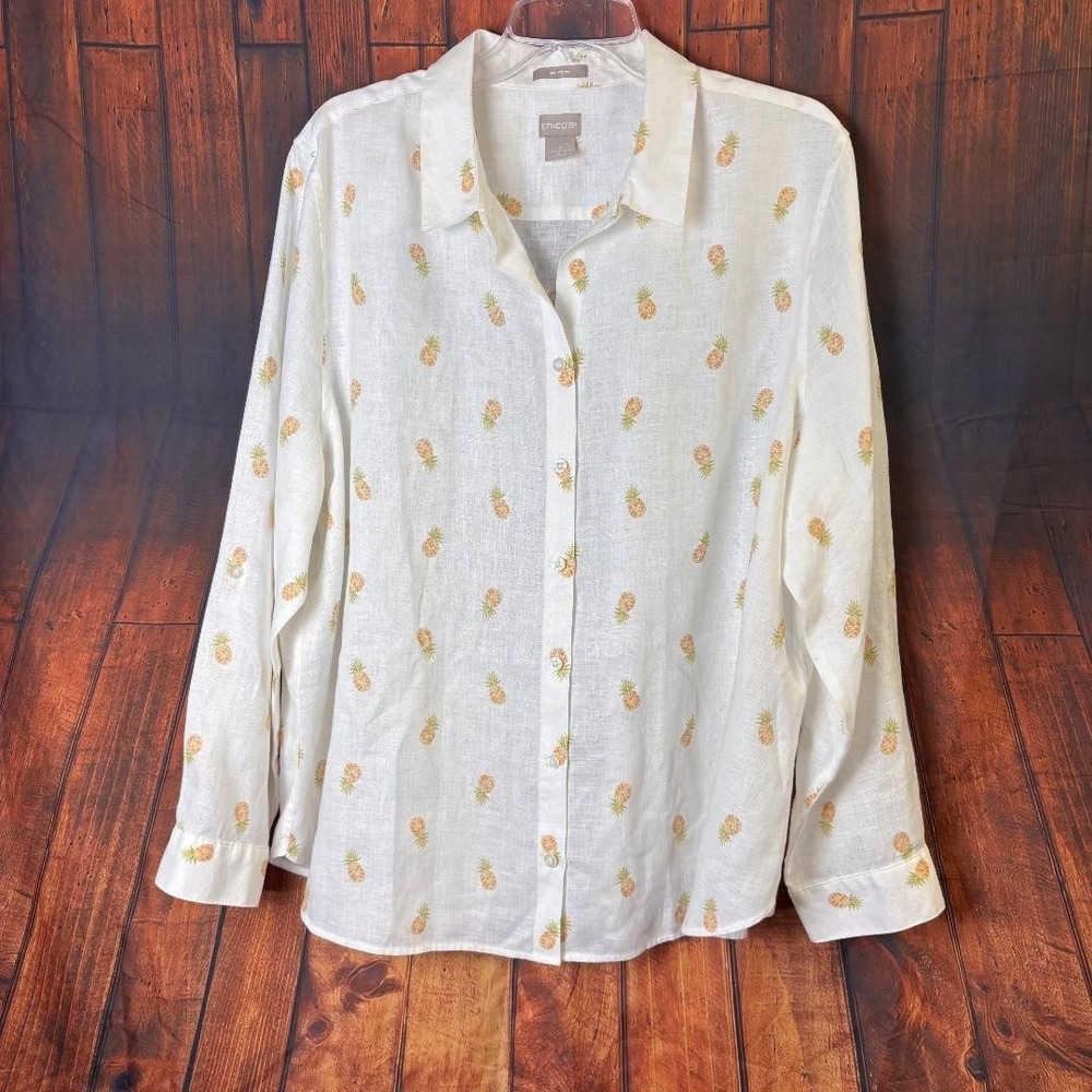 Chico's button down shirt 100% Linen White w/Pineapples Womens Size 4 (20/22)